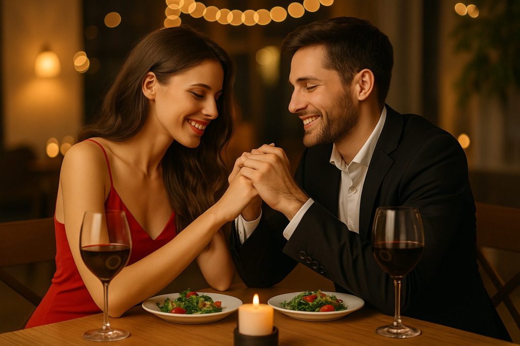 Καλαίσθητο ζευγάρι σε πολυτελές περιβάλλον που συμβολίζει συνάντηση με συνοδό